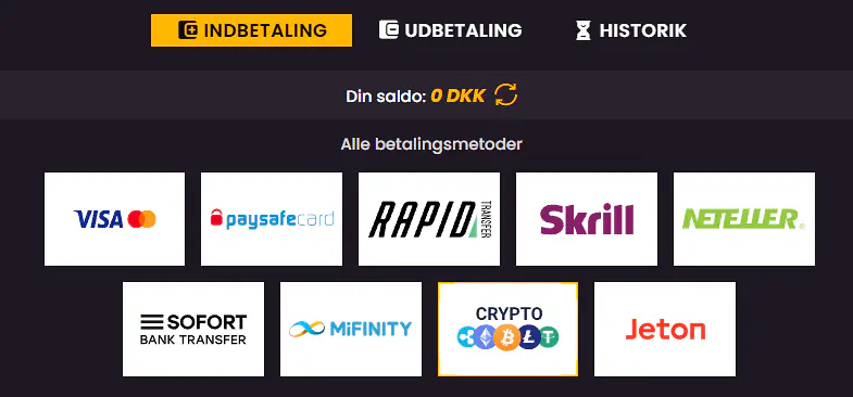 Indbetalingsskærmen med betalingsmetoder